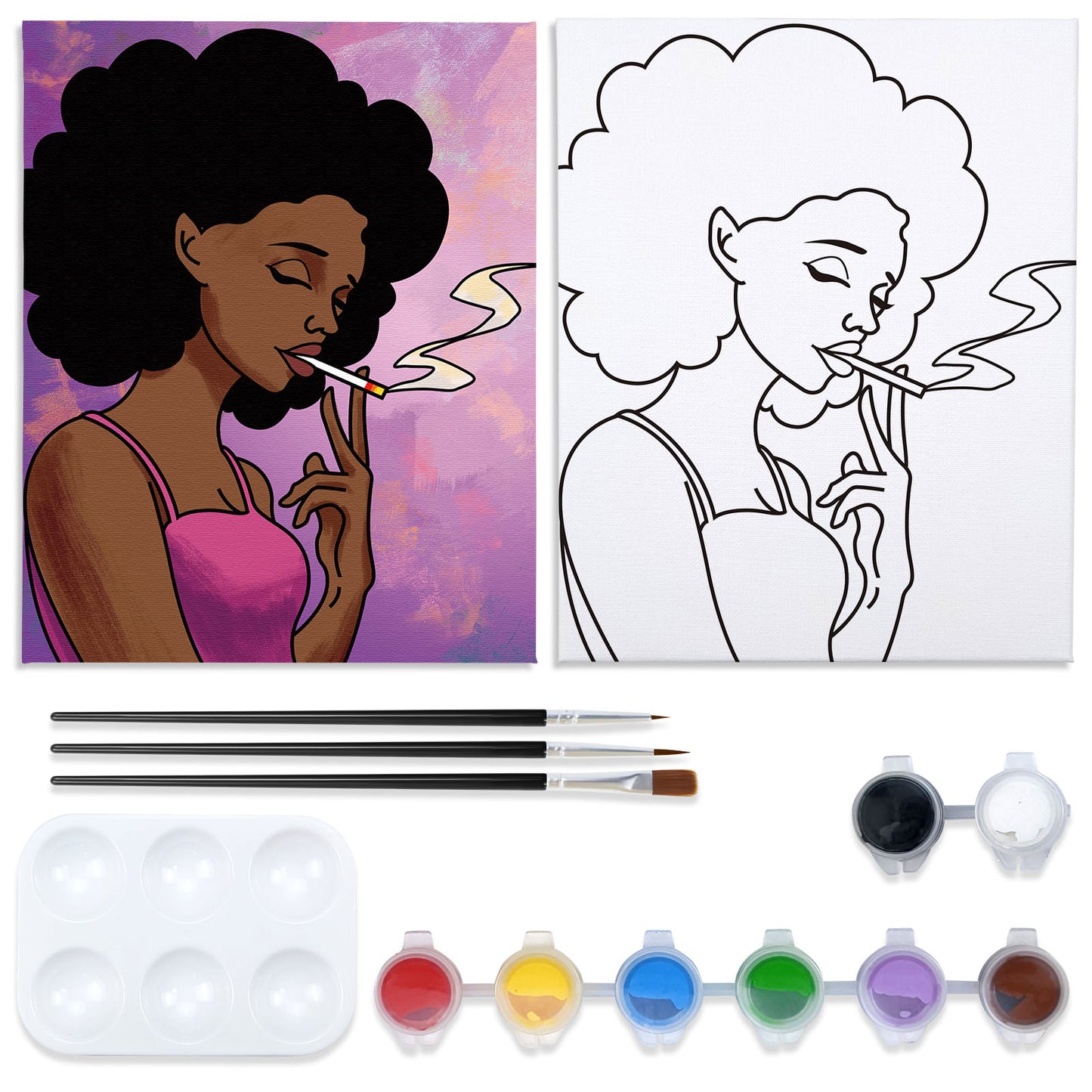 African American Girl Paint Party Kits Pre Drawn Canvas Paint and Sip for Adults