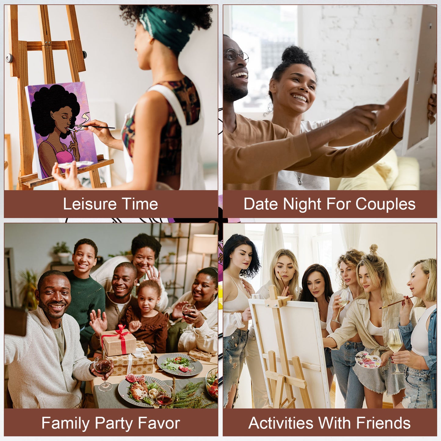 African American Girl Paint Party Kits Pre Drawn Canvas Paint and Sip for Adults