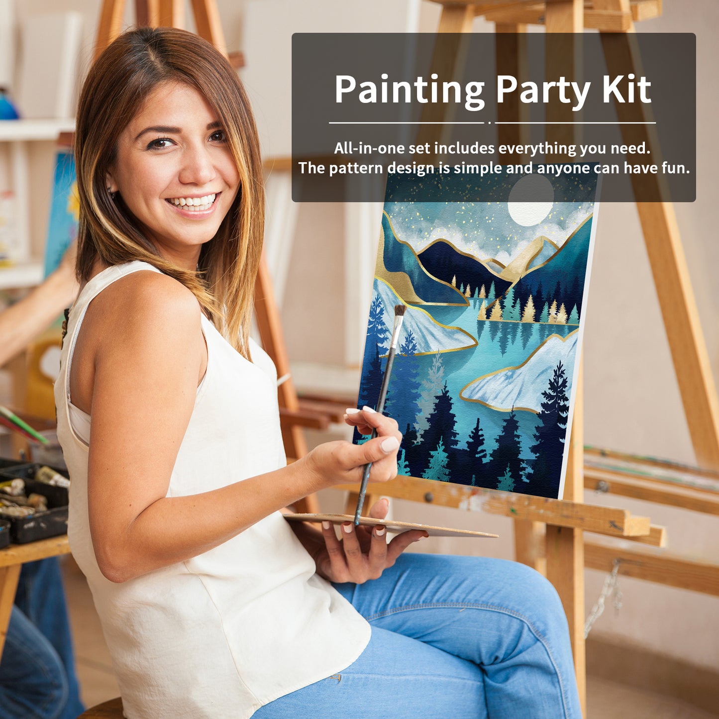 Moon Night Paint Party Kits Pre Drawn Canvas Paint and Sip for Adults