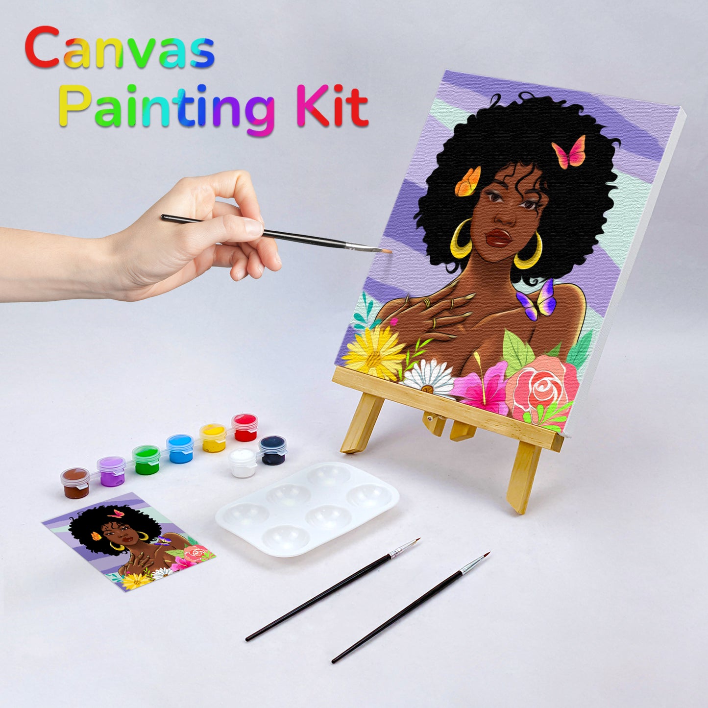 African American Women Flowers Paint Party Kits Pre Drawn Canvas Paint and Sip for Adults