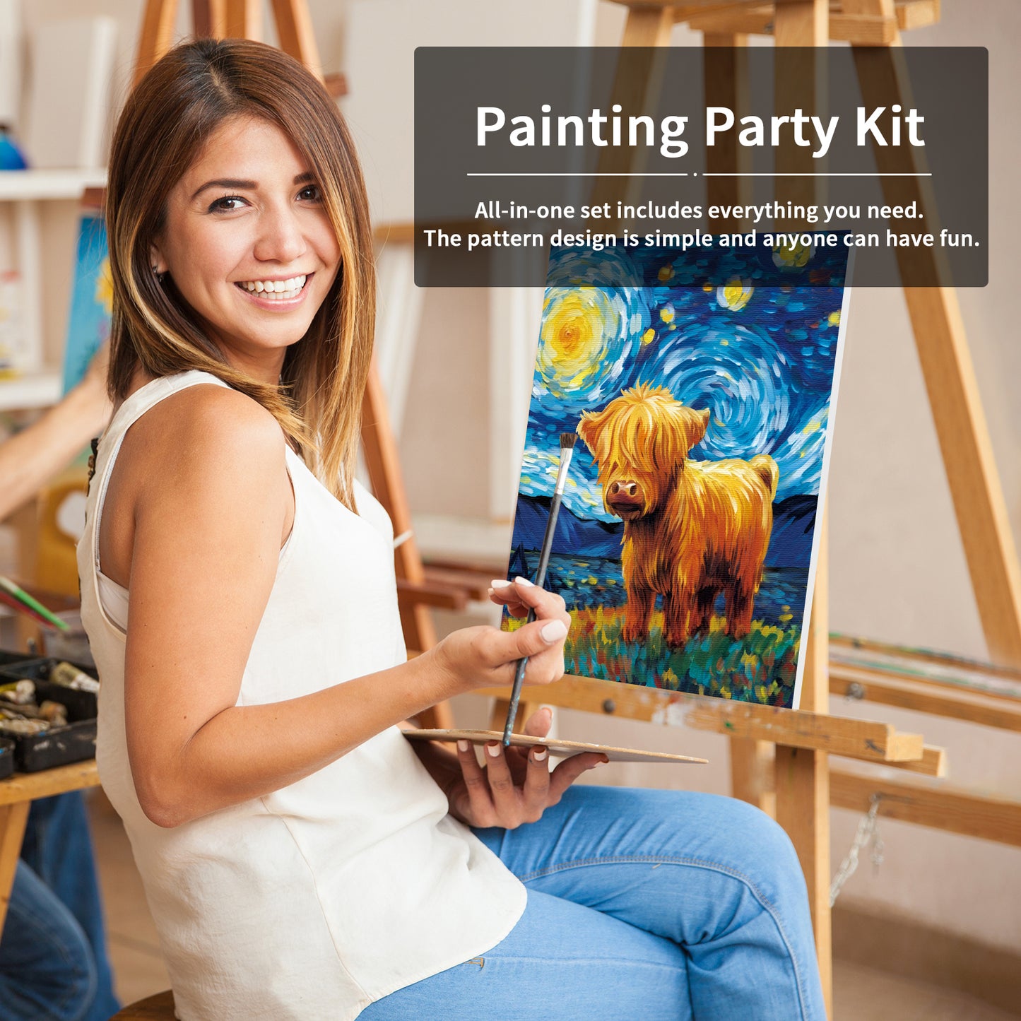 Starry Sky Highland Cow Paint Party Kits Pre Drawn Canvas Paint and Sip for Adults