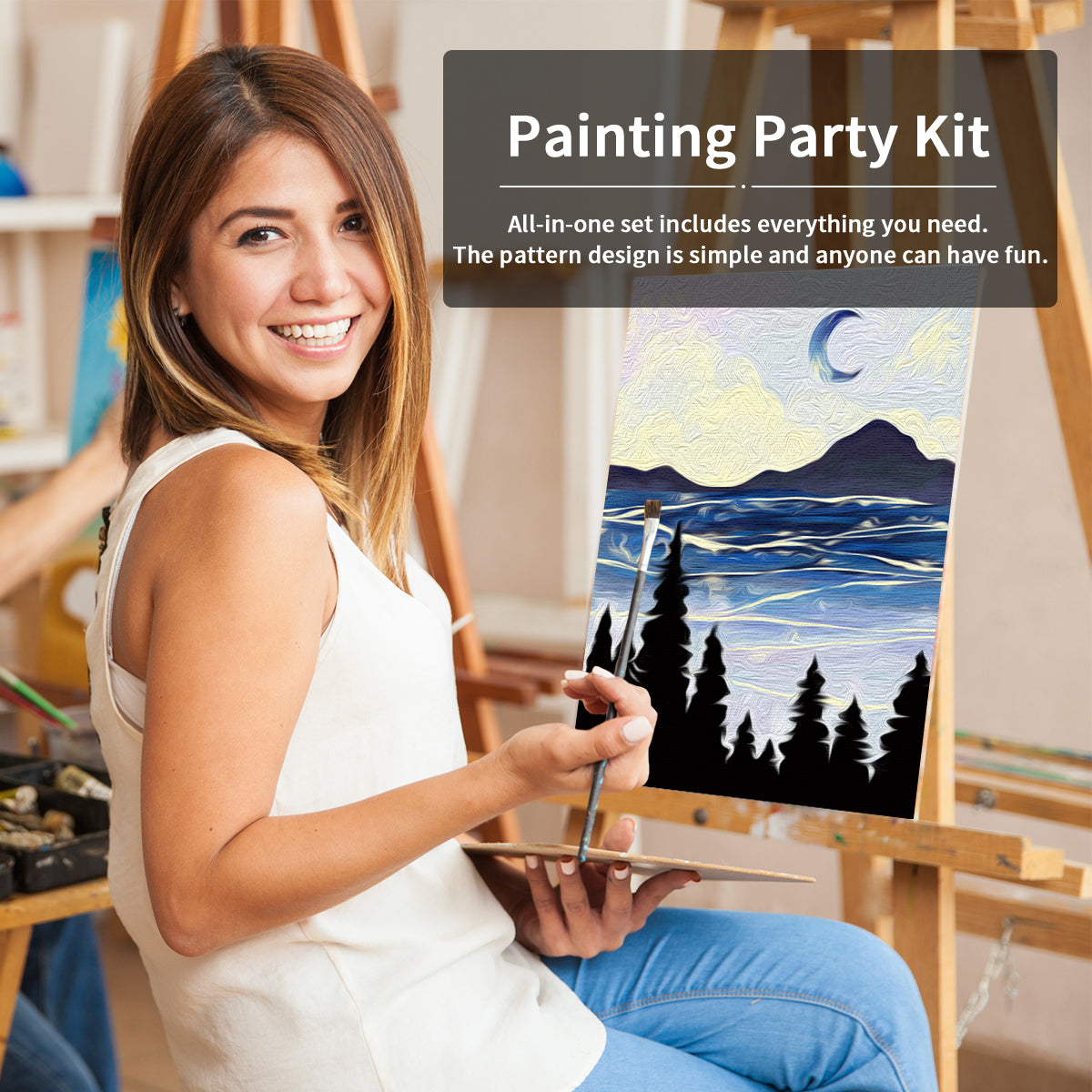 Moonlit Night Paint Party Kits Pre Drawn Canvas Paint and Sip for Adults