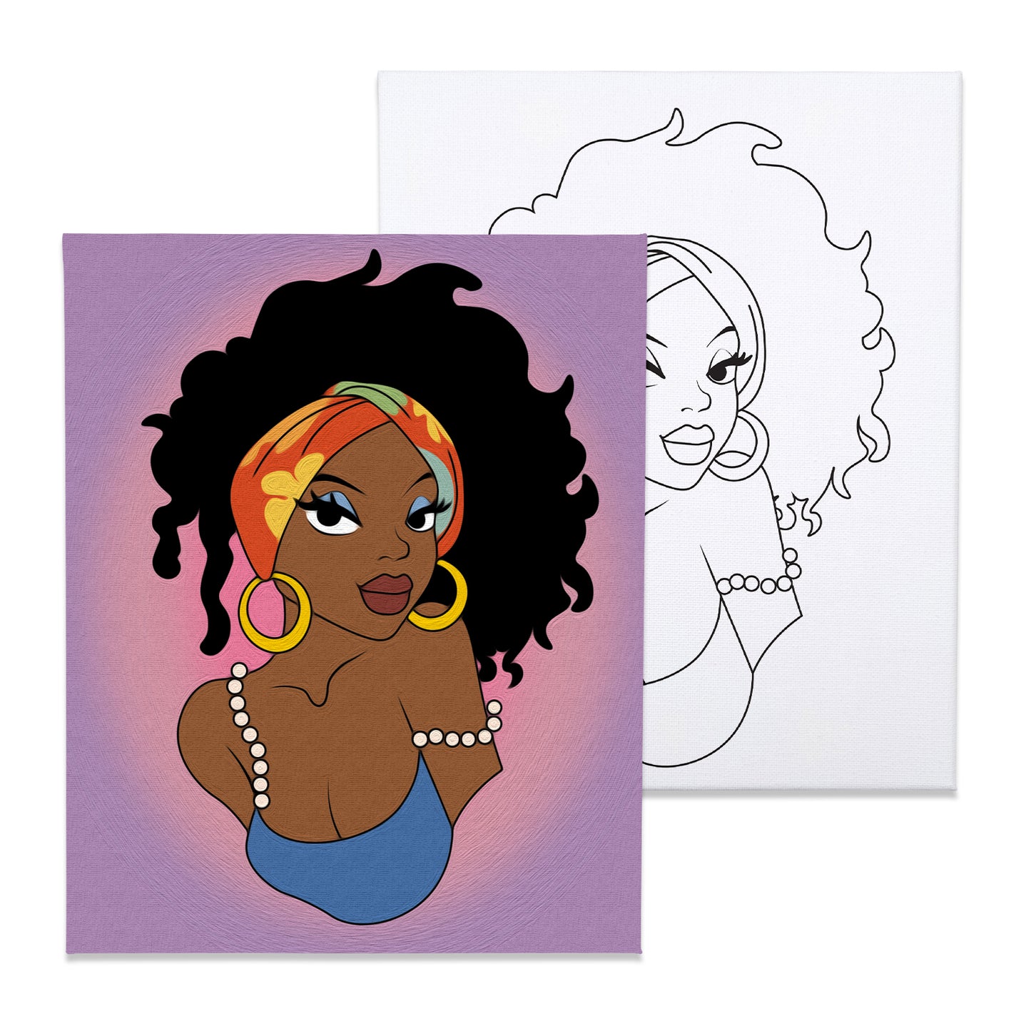 Paint & Sip DIY Party Kit/ Pre Drawn/canvas/adult Painting/ at Home Kit,  Gift for Her Black Woman Afro Goddess Gold Dress 8 X 10 