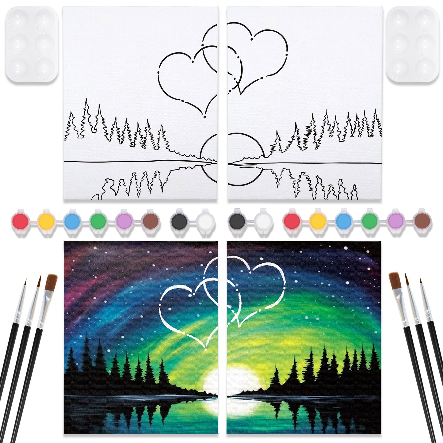 VOCHIC 2 Pack Sip and Paint Kit, Pre Drawn Canvas for Painting for Adults, Starry Sky Heart Couple Date Night Games, Outline Canvas Party Art Set, Paints Brushes Pallets Valentine (8x10)