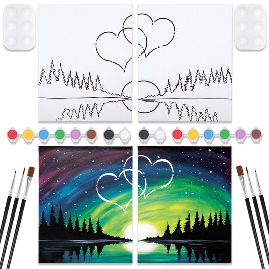 VOCHIC 2 Pack Sip and Paint Kit, Pre Drawn Canvas for Painting for Adults, Starry Sky Heart Couple Date Night Games, Outline Canvas Party Art Set, Paints Brushes Pallets Valentine (8x10)