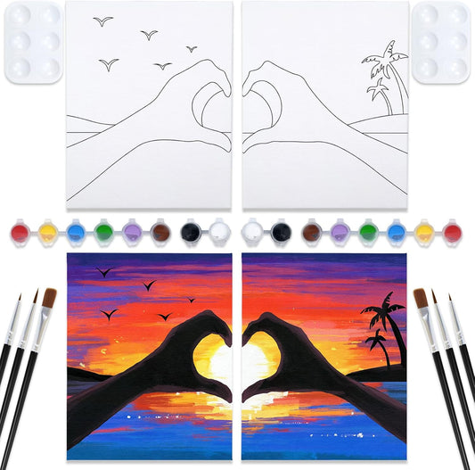 VOCHIC Sip and Paint Kit,Pre Drawn Canvas Couples Paint Party Kit Painting Art Set for Adults Date Night Sunset Heart 2 Pack (8 x 10 Inches)