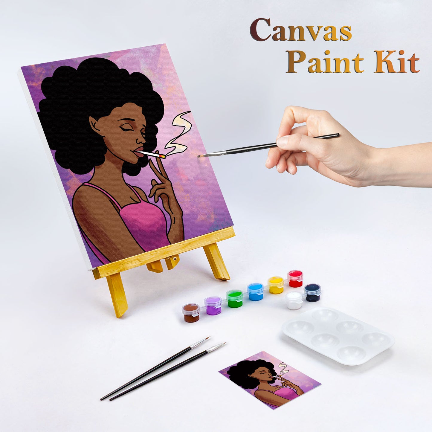 African American Girl Paint Party Kits Pre Drawn Canvas Paint and Sip for Adults