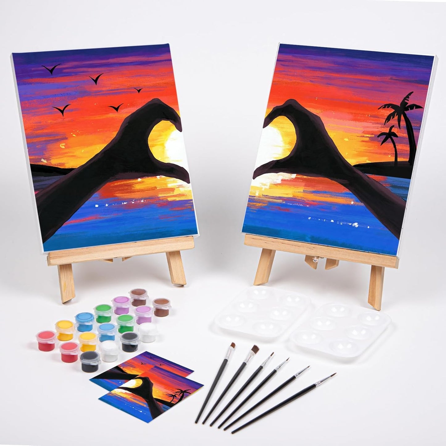 VOCHIC Sip and Paint Kit,Pre Drawn Canvas Couples Paint Party Kit Painting Art Set for Adults Date Night Sunset Heart 2 Pack (8 x 10 Inches)