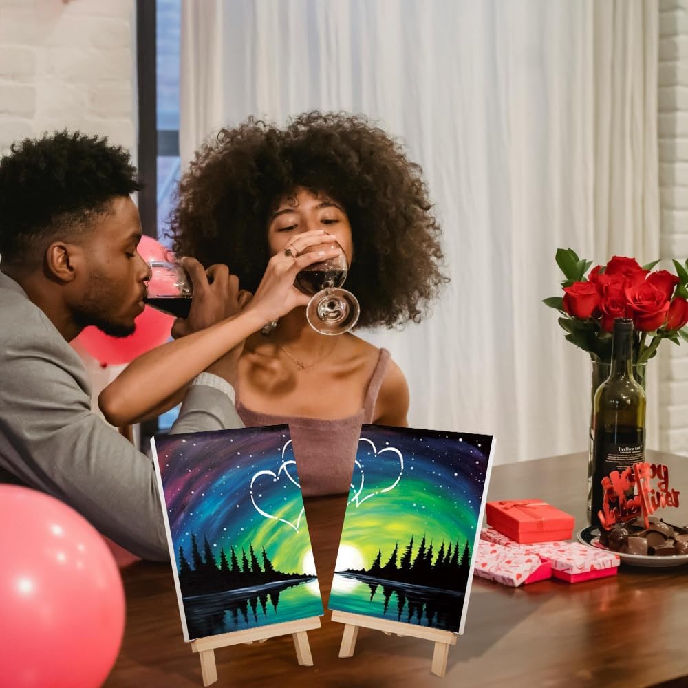 VOCHIC 2 Pack Sip and Paint Kit, Pre Drawn Canvas for Painting for Adults, Starry Sky Heart Couple Date Night Games, Outline Canvas Party Art Set, Paints Brushes Pallets Valentine (8x10)