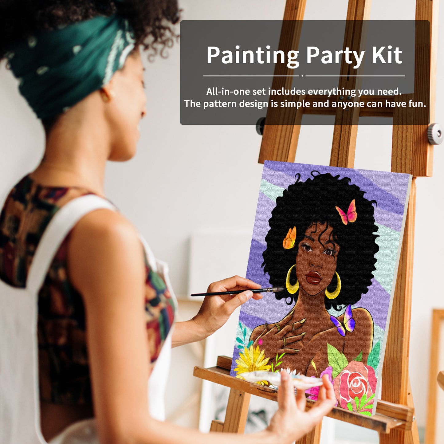Paint & Sip/ Pre Drawn/ DIY Paint Party/canvas/adult Painting/ Paint and Sip  at Home Kit Black Woman With Afro in White Dress 
