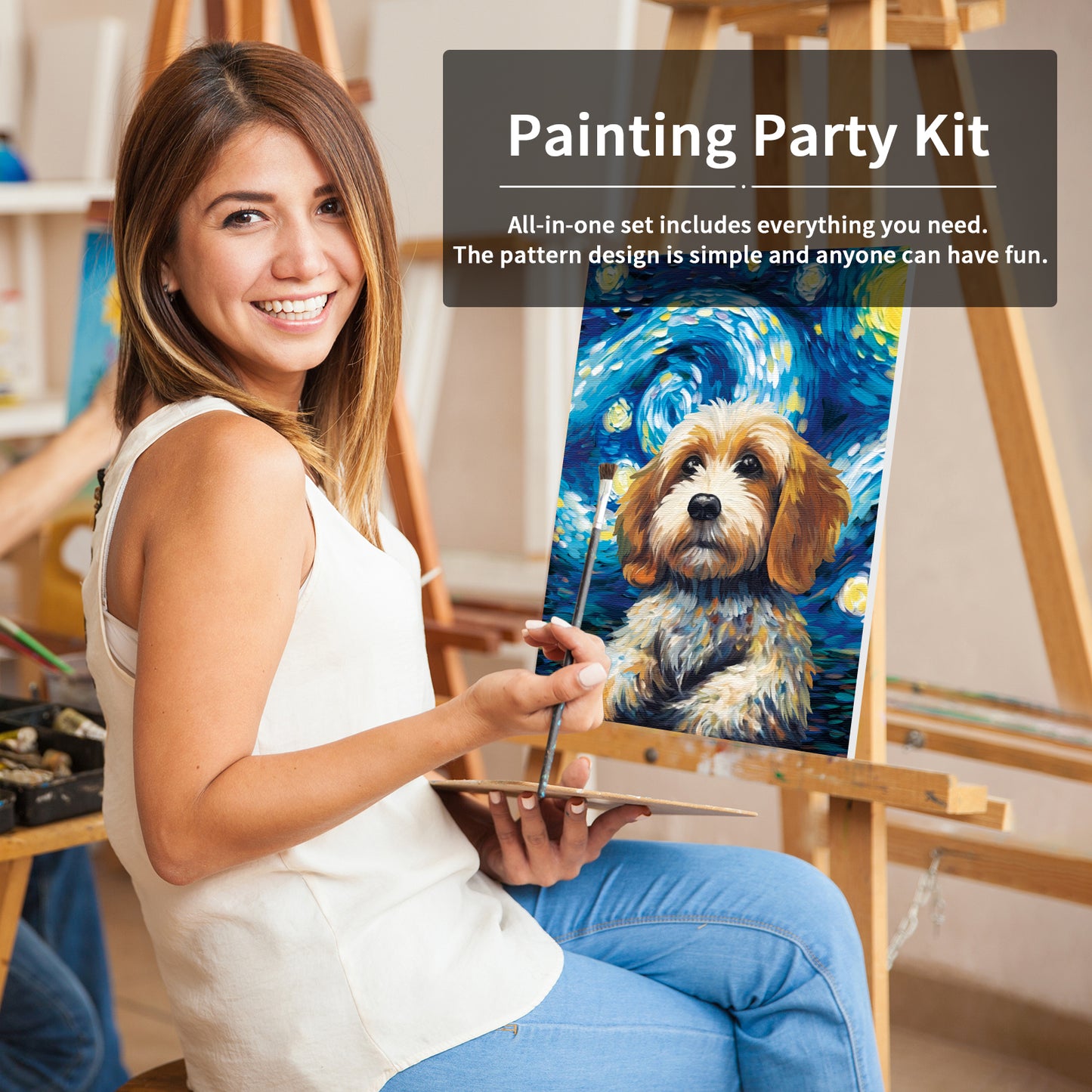 Starry Sky Puppy Paint Party Kits Pre Drawn Canvas Paint and Sip for Adults