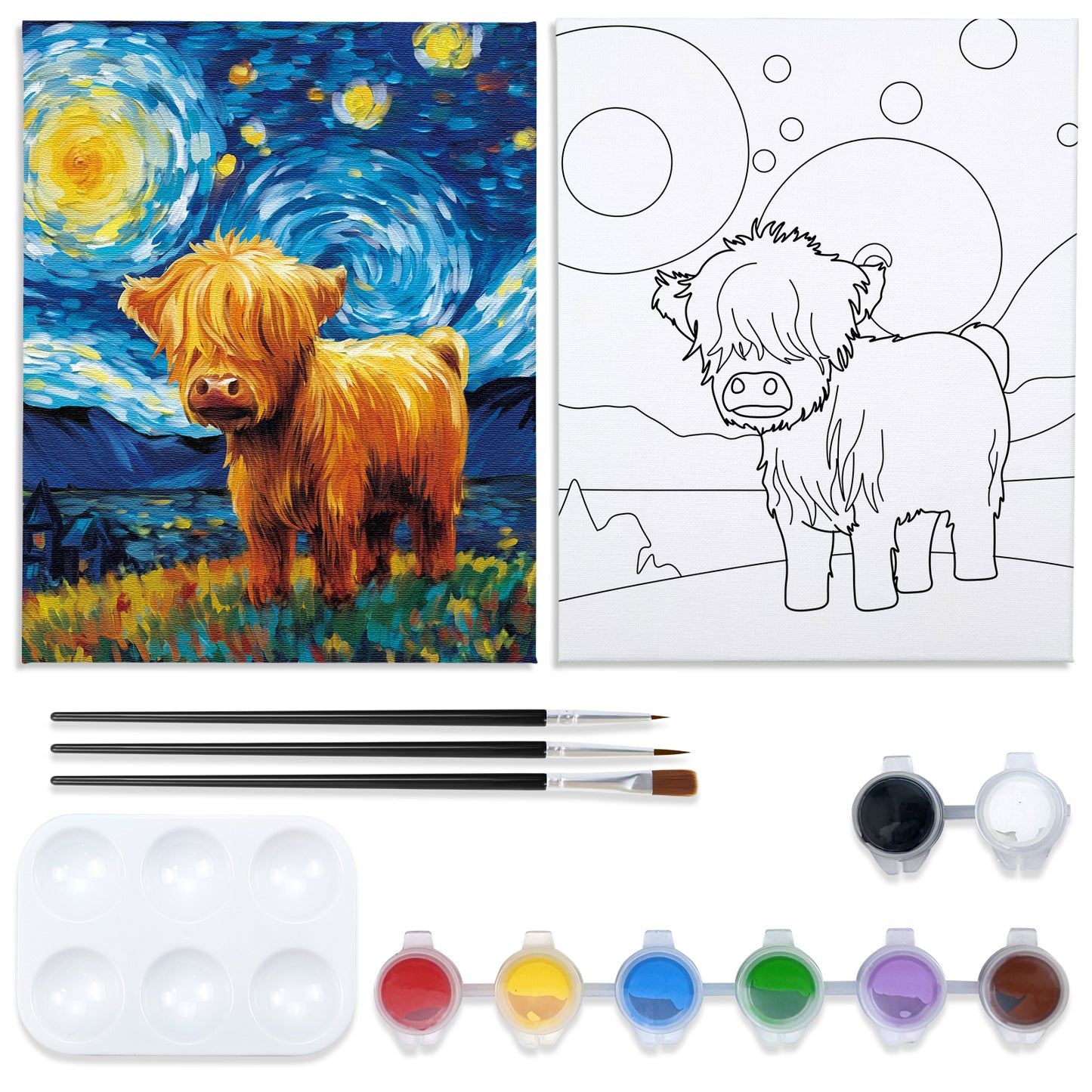 Starry Sky Highland Cow Paint Party Kits Pre Drawn Canvas Paint and Sip for Adults