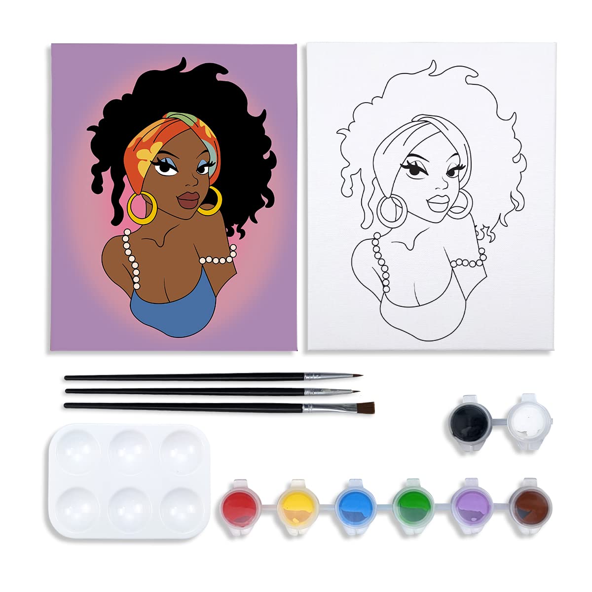  4 PACK Canvas Painting Kit Bundle, Pre Drawn Stretched Canvas  Kit, Afro Queen 1, Birthday Gift, Adult Sip and Paint Party Favor