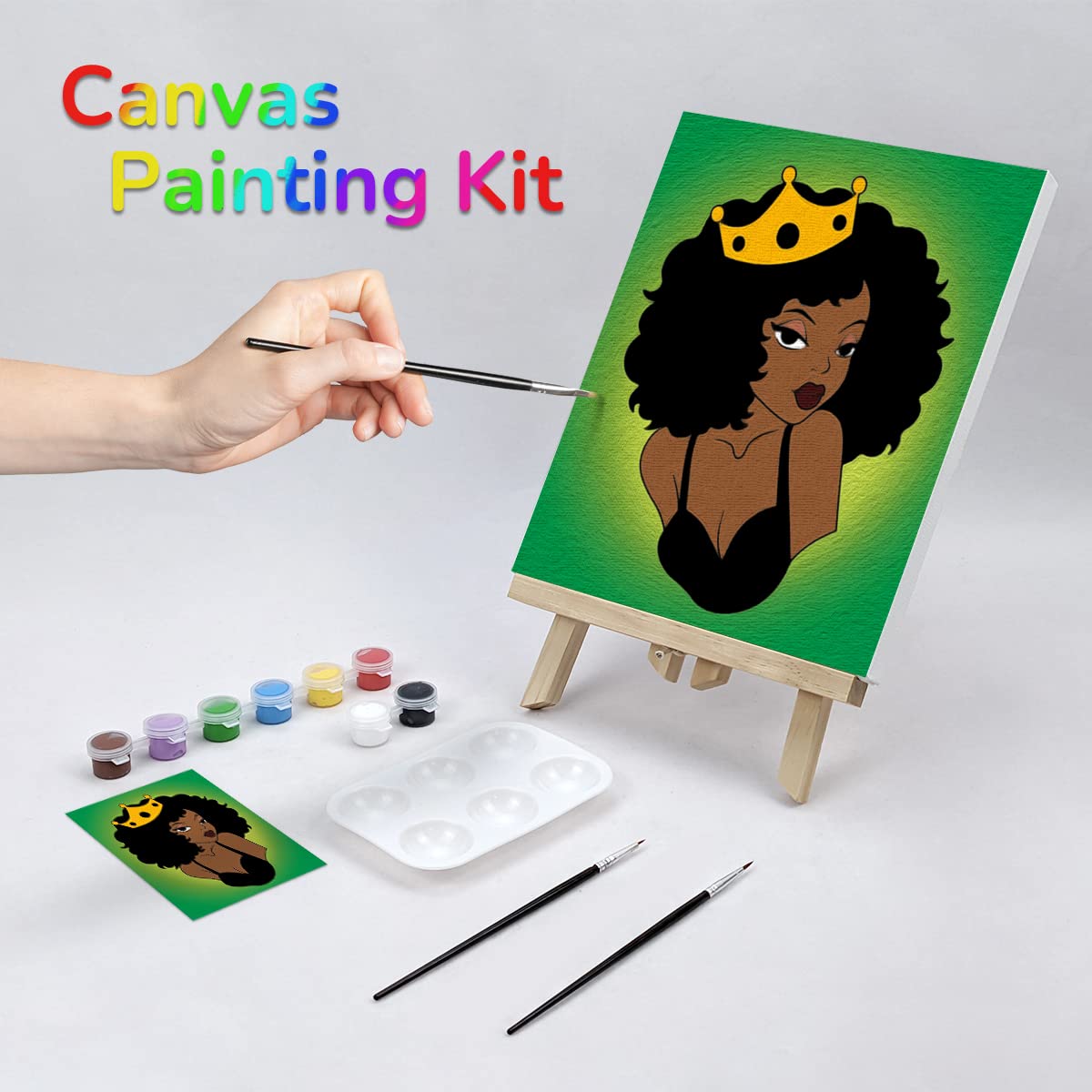 Paint & Sip DIY Party Kit/ Pre Drawn/canvas/adult Painting/ at Home Kit,  Gift for Her Black Woman Afro Goddess Gold Dress 8 X 10 